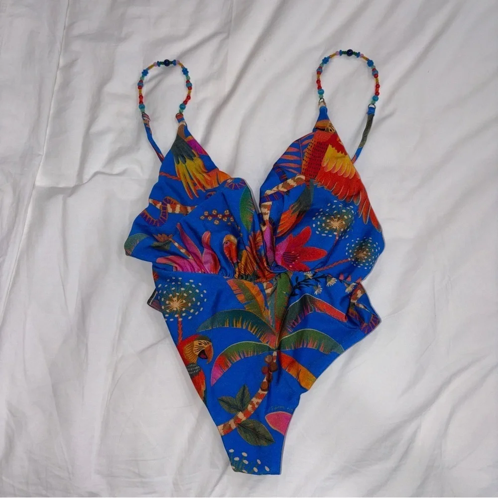 Farm Rio Blue Macaw Party One-Piece Swimsuit / bathing suit / Swim